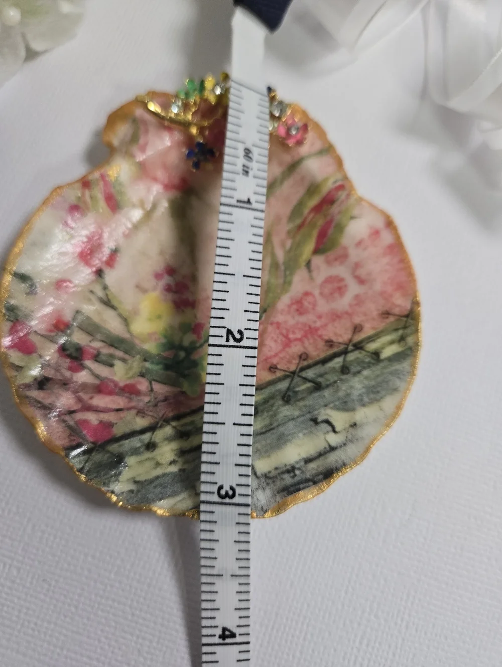 Hand Gilded Upcycled Jewelry Art Decoupage Shell Trinket Dish - Micro Florals